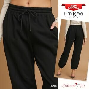 Umgee Elastic Waist Drawstring Side Pocket Casual Fleece Jogger Pants | Black
